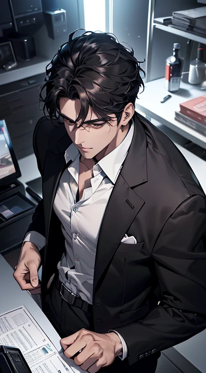 (best quality, masterpiece, 8K, photorealistic, cinematic lighting, 1:4 hdr image, top view, ultra detailed, beautiful image), a mature man, very handsome, short black hair, black eyes, perfect face without errors , ((buttoning his jacket, CEO))
