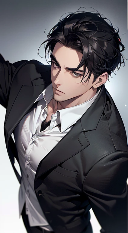 (best quality, masterpiece, 8K, photorealistic, cinematic lighting, 1:4 hdr image, top view, ultra detailed, beautiful image), a mature man, very handsome, short black hair, black eyes, perfect face without errors , ((buttoning his jacket, CEO))
