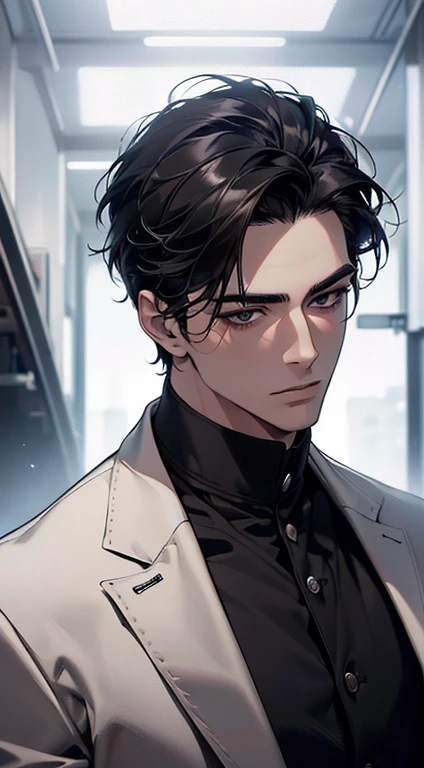(best quality, masterpiece, 8K, photorealistic, cinematic lighting, 1:4 hdr image, top view, ultra detailed, beautiful image), a mature man, very handsome, short black hair, black eyes, perfect face without errors , ((buttoning his jacket, CEO))