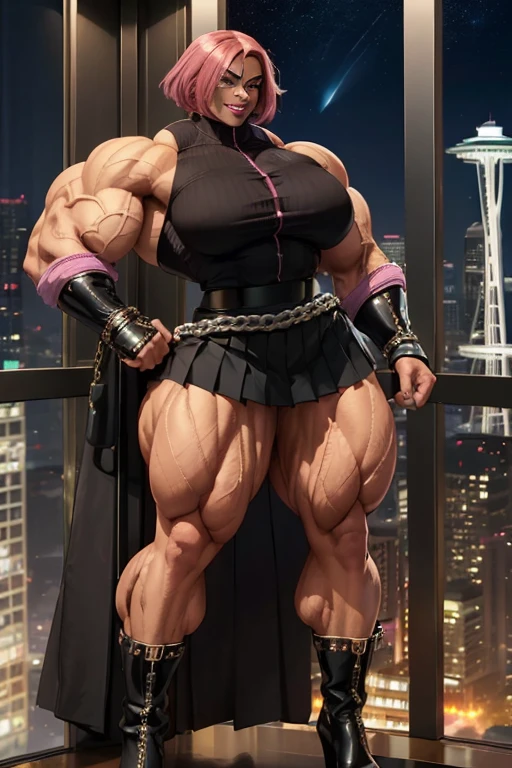 ((((Massive, beautiful, buff, light brown skinned, muscular woman with shocking pink hair, black lipstick, ginormous bulky muscles and wearing a beautiful black long sleeved unbuttoned blouse with black long pleated skirt)))), (close view), massive muscles, massive biceps, hyper muscle triceps, (angled bob cut), black pleated skirt, (chain belt), red eyes, (chained gauntlets), high heels boots, (on top of the Seattle space needle), night, smug smile, hyper muscles arms, hyper muscle legs, massive arms.