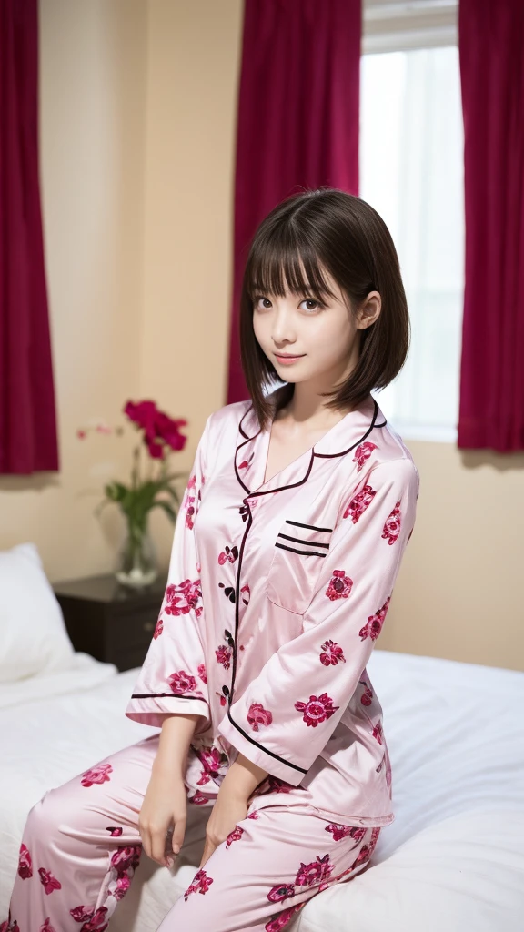 A woman in pink floral pajamas is sitting on her bed, Redhead girl, beautiful Redhead woman, Redhead woman, young Redhead girl, Short bright red hair, Red hair and attractive features, Anna Nikonova、Also known as New Milky, Redhead girl, Redhead, Beautiful woman, Posing in bed, Redhead, Short Red Hair, Posing in the room、(Black Hair)