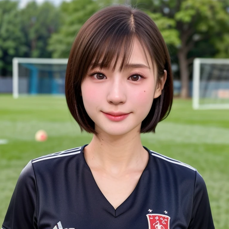 (kawaii 24 year-old Japanese girl, Nogizaka idol, Korean idol, soccer player), healthy female athlete body, (glossy black hair, very short hair, bangs:1.3), beautiful black eyes, rounded face, single eyelid, (no makeup:1.2), (soft smiling:1.2), (soccer uniform:1.3), extra small breasts, BREAK, (park background, summer daytime:1.2), (dynamic angle, bust shot:1.2), BREAK, (masterpiece, best quality, photo realistic, official art:1.4), (UHD, 8K quality wallpaper, high resolution, raw photo, golden ratio:1.3), (shiny skin), professional lighting, physically based rendering, award winning, (highly detailed skin texture, extremely detailed face and eyes textures), Carl Zeiss 85 mm F/1.4, depth of field, (1girl, solo),