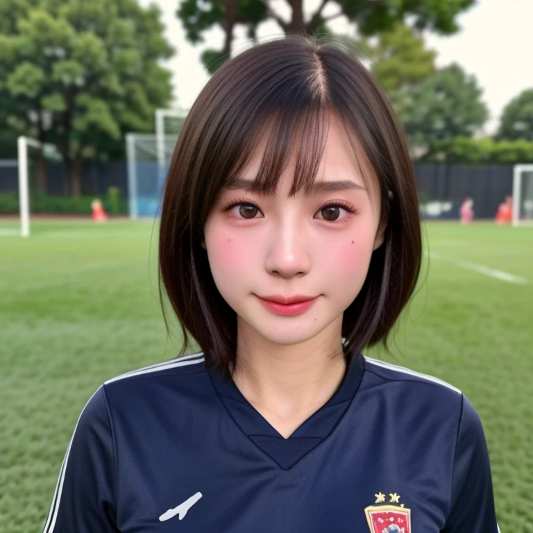 (kawaii 24 year-old Japanese girl, Nogizaka idol, Korean idol, soccer player), healthy female athlete body, (glossy black hair, very short hair, bangs:1.3), beautiful black eyes, rounded face, single eyelid, (no makeup:1.2), (soft smiling:1.2), (soccer uniform:1.3), extra small breasts, BREAK, (park background, summer daytime:1.2), (dynamic angle, bust shot:1.2), BREAK, (masterpiece, best quality, photo realistic, official art:1.4), (UHD, 8K quality wallpaper, high resolution, raw photo, golden ratio:1.3), (shiny skin), professional lighting, physically based rendering, award winning, (highly detailed skin texture, extremely detailed face and eyes textures), Carl Zeiss 85 mm F/1.4, depth of field, (1girl, solo),