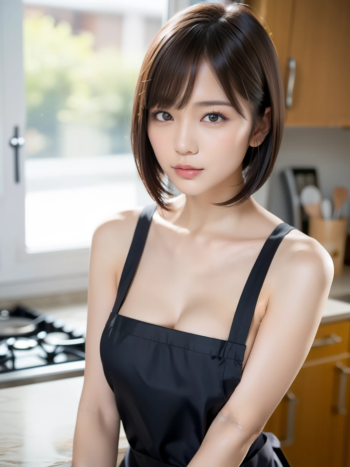 (Best quality: 1.5), (Real: 1.5), (1 person: 1.5), Medium shot, (Highly detailed), (High resolution), 8k, Medium breasts, Natural colored lips, Japanese woman, 24 old girl, thin eyebrows, beautiful and graceful features, cute face, arched thin eyebrows, (large, balanced eyes), big eyes, fair skin, beautiful and graceful features, natural bangs, beautiful and thin nose, beautiful skin , medium bob hair, natural bangs, perfect and beautiful facial features, slim face and figure, (bright lighting), professional lighting, (frontal lighting), beautiful cleavage, 1 girl, cute and sexy 24 old woman, slim Japanese woman, fair skin, (sexy look), (medium chest), In the kitchen, Wearing a naked apron, (NAKED Apron), stand leaning against the kitchen, (naked and wearing only an apron),