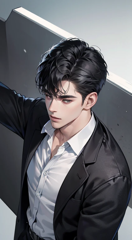 (best quality, masterpiece, 8K, photorealistic, cinematic lighting, 1:4 hdr image, top view, ultra detailed, beautiful image), a mature man, very handsome, short black hair, black eyes, perfect face without errors , ((buttoning his jacket, CEO))