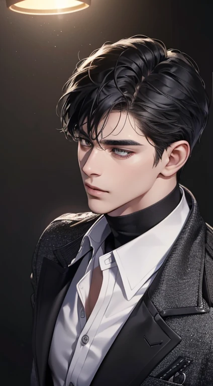 (best quality, masterpiece, 8K, photorealistic, cinematic lighting, 1:4 hdr image, top view, ultra detailed, beautiful image), a mature man, very handsome, short black hair, black eyes, perfect face without errors , ((buttoning his jacket, CEO))