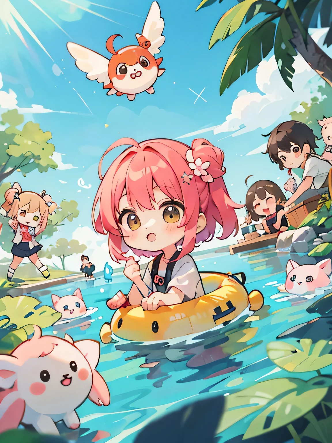Momoko Sakura style, Kawaii Design, (((10 people)))、most beautiful girl ever、Chibi, Colorful bob hair、((Lots of friends))、Playing in the water together