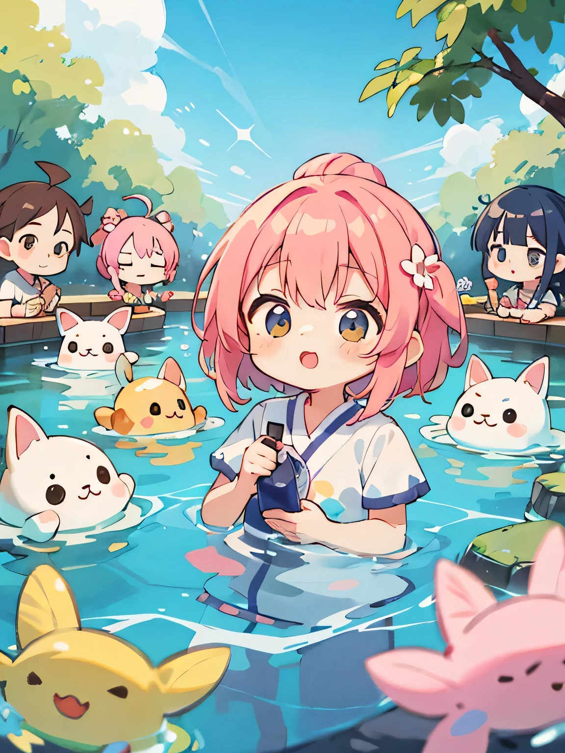 Momoko Sakura style, Kawaii Design, (((10 people)))、most beautiful girl ever、Chibi, Colorful bob hair、((Lots of friends))、Playing in the water together
