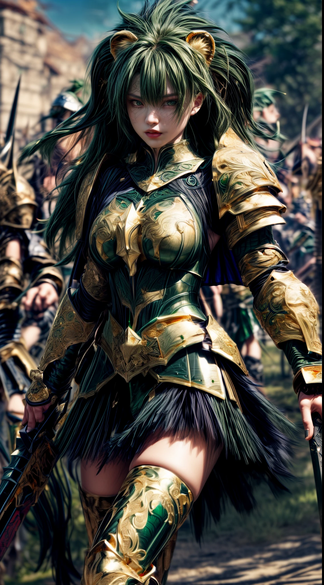 Very cute 、No makeup、Slender、(((low length)))、(Detailed face)、Realistic Skin、((Wind Knight)), ((Dark Green Armor))、((((Deep green armor with very fine and intricate gold detailing:1.5))))、((Delicate photo)),(Girl Astepeace RAW Photo Details:1.25), (highest quality:1.6), (超A high resolution:1.5), (Realistic:1.75), 8K resolution, Canon EOS R5, 50mm, Absurd, Ultra-detailed,Cinema Lighting,((battlefield))、((battle))、(((Embellished black skirt)))、Thigh-high socks、Shin Guards、((pastel green hair))、((Low Twintails))、((Hairstyle with bangulticolored Hair))、(Six-pack)、Cape、Beautiful Armor、(((Has a huge weapon)))、(In combat)、The wind is blowing、((Symmetrical Armor))、((((tornado))))、(((Leading a large group of knights:1.2)))、Banner、Lion-themed armor、(((Battle Scene)))、(((Dark green lion)))