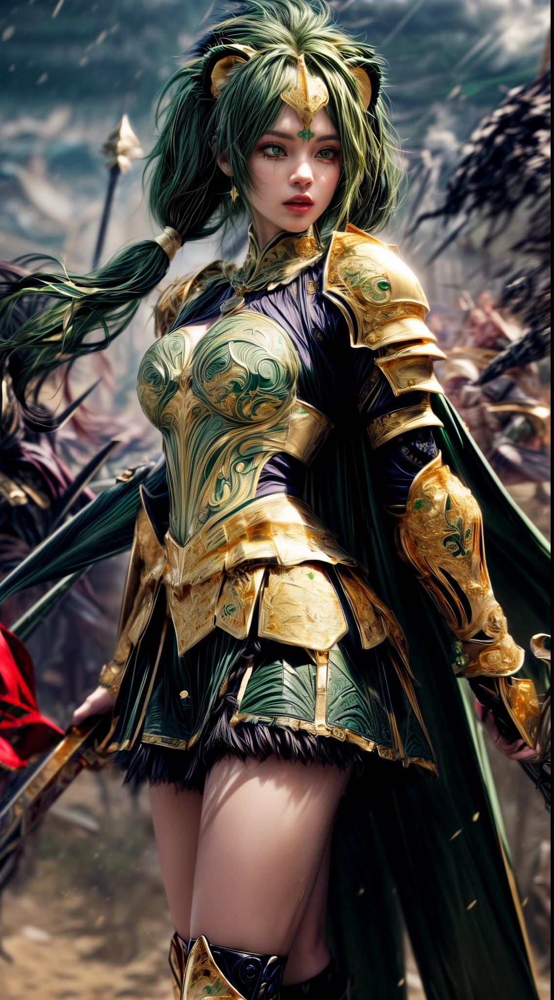Very cute 、No makeup、Slender、(((low length)))、(Detailed face)、Realistic Skin、((Wind Knight)), ((Dark Green Armor))、((((Deep green armor with very fine and intricate gold detailing:1.5))))、((Delicate photo)),(Girl Astepeace RAW Photo Details:1.25), (highest quality:1.6), (超A high resolution:1.5), (Realistic:1.75), 8K resolution, Canon EOS R5, 50mm, Absurd, Ultra-detailed,Cinema Lighting,((battlefield))、((battle))、(((Embellished black skirt)))、Thigh-high socks、Shin Guards、((pastel green hair))、((Low Twintails))、((Hairstyle with bangulticolored Hair))、(Six-pack)、Cape、Beautiful Armor、(((Has a huge weapon)))、(In combat)、The wind is blowing、((Symmetrical Armor))、((((tornado))))、(((Leading a large group of knights:1.2)))、Banner、Lion-themed armor、(((Battle Scene)))、(((Dark green lion)))