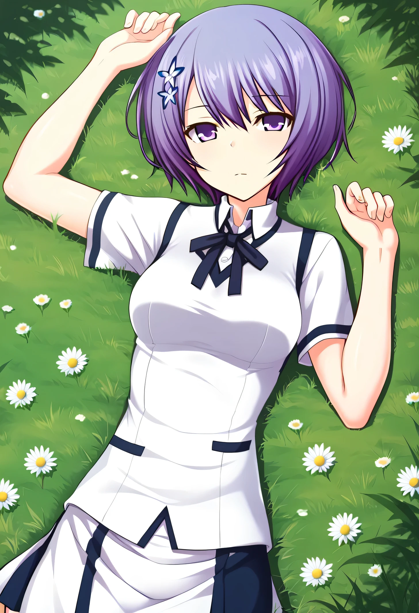 Shiina Miyako, purple hair, short hair, purple eyes, hair ornament, , short sleeves, white sweater vest, white shirt, white skirt, neck ribbon, black ribbon, high quality, looking at viewer, closed mouth, on back, on grass, arms up, expressionless, (cowboy shot:1.5), lying, best quality, 