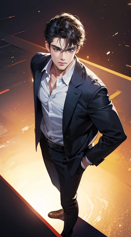 (best quality, masterpiece, 8K, photorealistic, cinematic lighting, 1:4 hdr image, top view, ultra detailed, beautiful image), a mature man, very handsome, short black hair, blue eyes, perfect face without errors , ((buttoning his jacket, CEO))