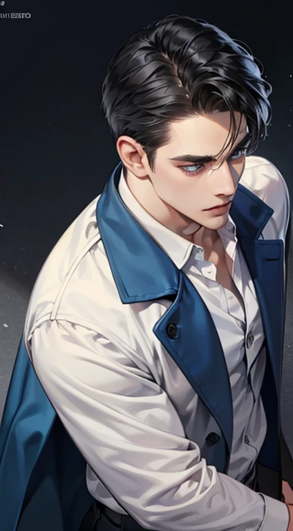(best quality, masterpiece, 8K, photorealistic, cinematic lighting, 1:4 hdr image, top view, ultra detailed, beautiful image), a mature man, very handsome, short black hair, blue eyes, perfect face without errors , ((buttoning his jacket, CEO))