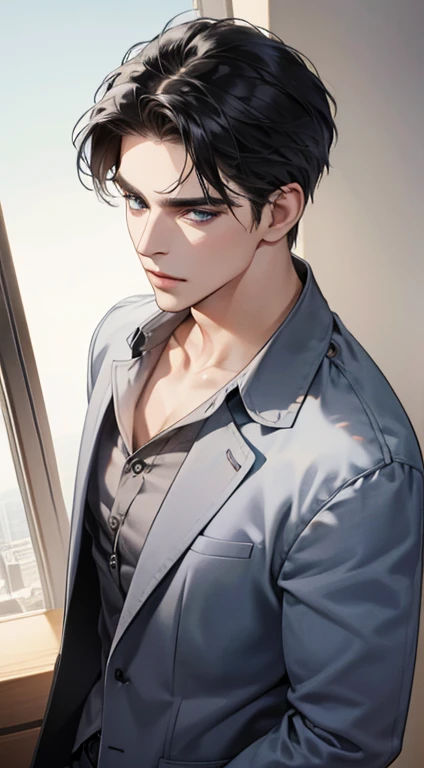 (best quality, masterpiece, 8K, photorealistic, cinematic lighting, 1:4 hdr image, top view, ultra detailed, beautiful image), a mature man, very handsome, short black hair, blue eyes, perfect face without errors , ((buttoning his jacket, CEO))