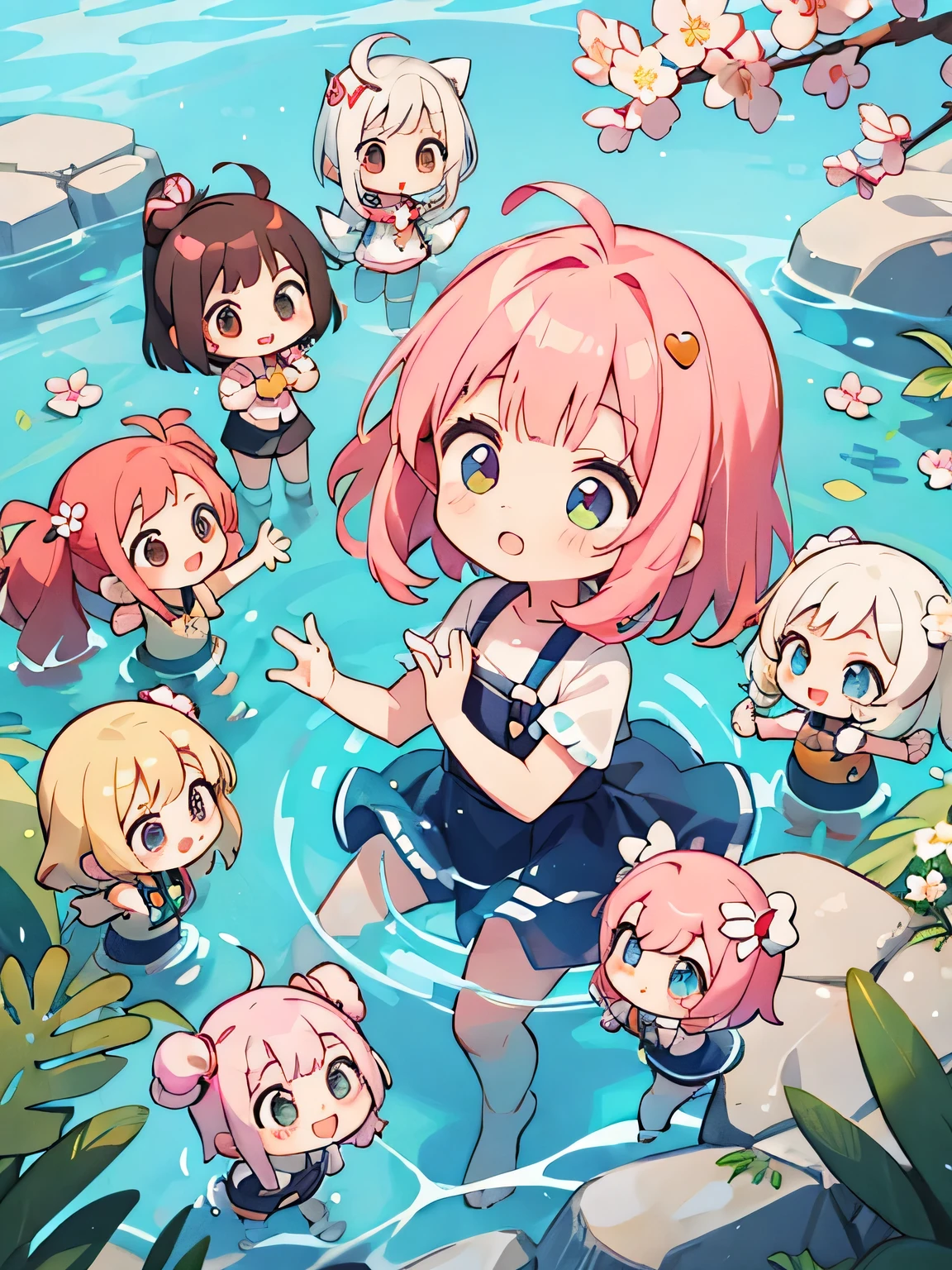 Momoko Sakura style, Kawaii Design, (((10 people)))、most beautiful girl ever、Chibi, Colorful bob hair、((Lots of friends))、Playing in the water together