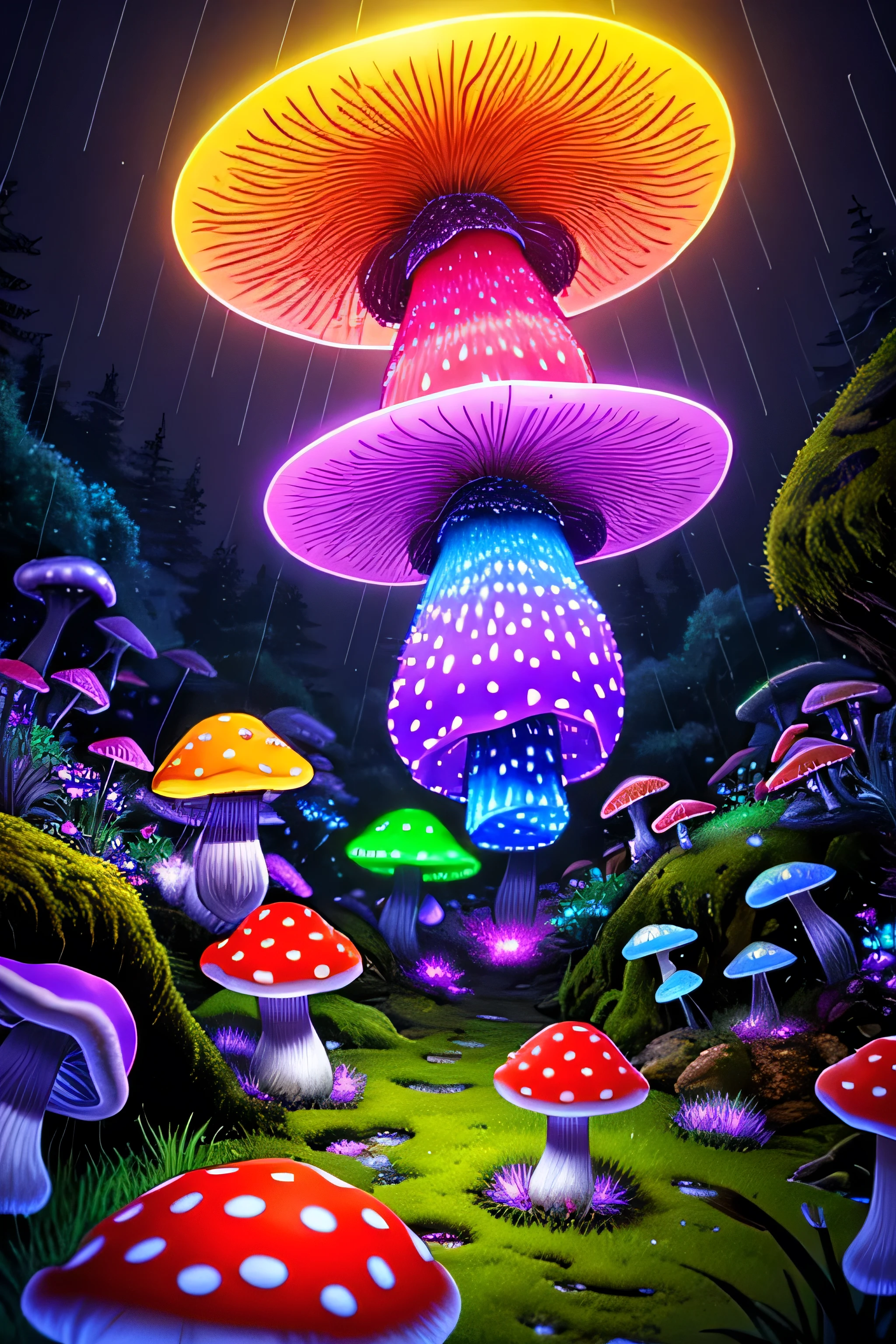 (Very detailed:1.2),(highest quality:1.2),8k,Sharp focus, (Scattered beneath the surface of the water:1.1)、rain、rain、rain、Forest road、(Forest roadが長く続いている)、(Glowing magical bioluminescent mushrooms:1.2),Psychedelic magic particles in the air, (neon bioluminescent mushroom forest at night:1.2), (magic firefly:1.2) (Very detailed trees、Rocks and moss:1.2), (Very detailed background:1.3), roleplaying game, Eldon Ring Style, (Fantasy:1.3),(Surreal:1.1), (((night))), Cinema Lighting, Very detailed, Art Station,Smooth, Sharp focus, Types of bacteria, Greg Rutkoski, Edited selection, trending on Art Station, Trending on deviantart, Knock me out, (By comparison:0.4),