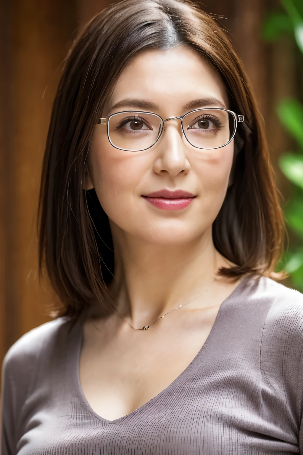 8k, highest quality, masterpiece, Realistic, Realistic, Super detailed, Natural light, Shapely breasts, Her cleavage is visible, 1 person, 35-year-old woman, Black Hair, (Straight Hair), (Bob Hair), Silver-rimmed glasses, ((Look at the viewers)), meanwhile, V-neck knit shirt, Highly detailed face and skin, Fine grain, Highly detailed face and skin