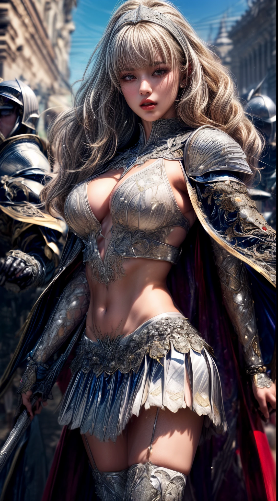 Very beautiful woman、Slender women、(Detailed face)、Realistic Skin、((holy knight)), ((Pearl White Armor))、((((Platinum armor with extremely fine and intricate decoration:1.5))))、((Delicate photo))，(Girl Astepeace RAW Photo Details:1.25), (highest quality:1.6), (超A high resolution:1.5), (Realistic:1.75), 8K resolution, Canon EOS R5, 50mm, Absurd, Ultra-detailed,Cinema Lighting,((battlefield))、((battle))、(((White skirt with embellishments)))、Thigh-high socks、Shin Guards、((Blonde))、((Curly Hair))、((Drill Hair))、((Wavy short hair with bangs,))、(I can see your ripped abs)、Cape、Beautiful Armor、(((Has a huge weapon)))、(In combat)、((Symmetrical Armor))、((((Light shines in))))、(((Leading a large group of knights:1.2)))、Banner、Mark of the Goddess、(((Battle Scene)))、(((White light snake)))