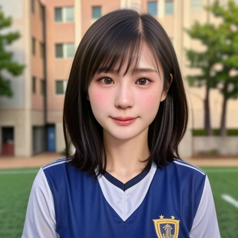 (kawaii 24 year-old Japanese girl, Nogizaka idol, Korean idol, soccer player), healthy female athlete body, (glossy black hair, very short hair, bangs:1.3), beautiful black eyes, rounded face, single eyelid, (no makeup:1.2), (soft smiling:1.2), (soccer uniform:1.3), extra small breasts, BREAK, (park background, summer daytime:1.2), (dynamic angle, bust shot:1.2), BREAK, (masterpiece, best quality, photo realistic, official art:1.4), (UHD, 8K quality wallpaper, high resolution, raw photo, golden ratio:1.3), (shiny skin), professional lighting, physically based rendering, award winning, (highly detailed skin texture, extremely detailed face and eyes textures), Carl Zeiss 85 mm F/1.4, depth of field, (1girl, solo),