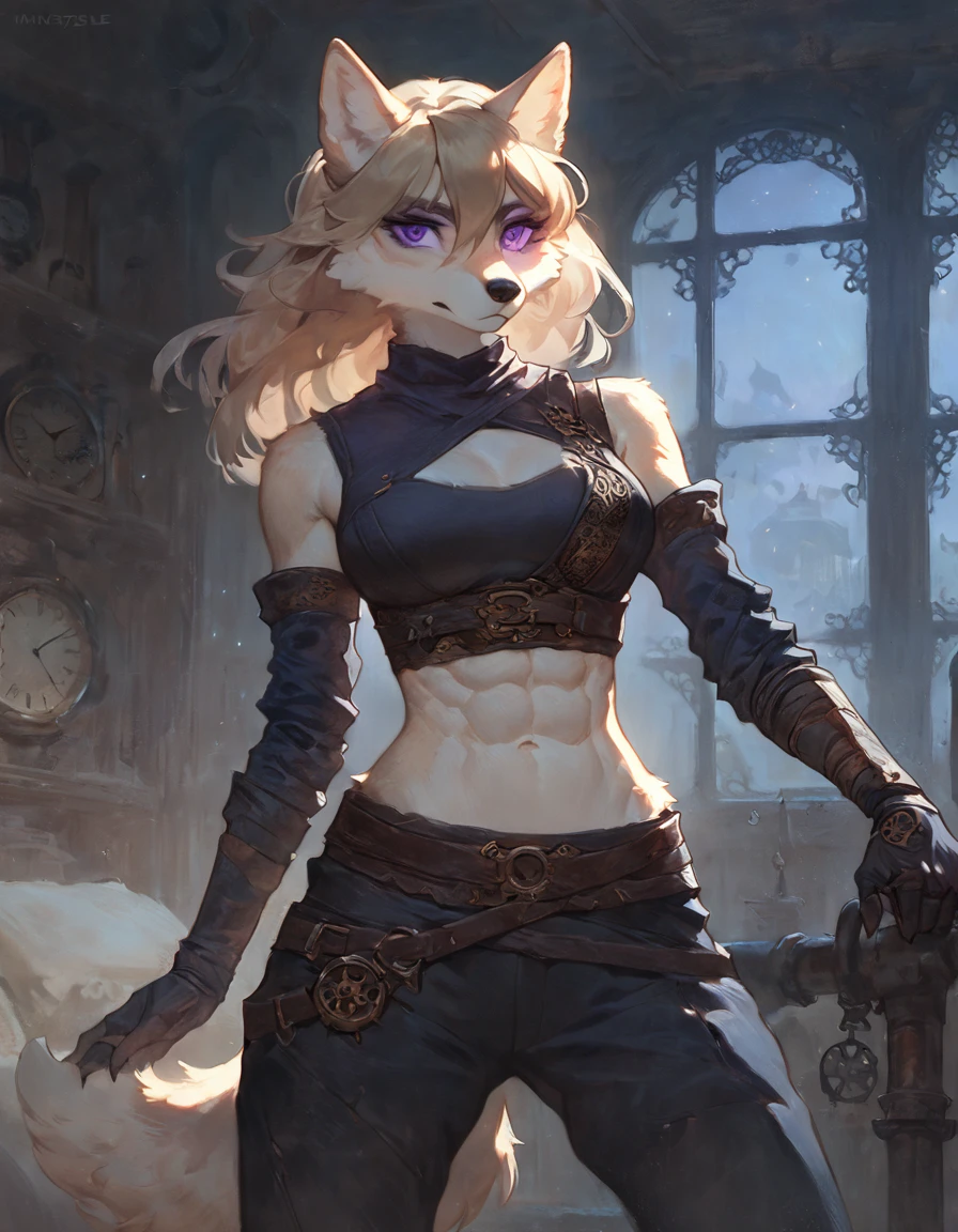 (solo), female anthro wolf, solo, masterpiece, best art, detailed hands, detailed eyes, night, anime newest artstyle, medium blond hair, cream body, dark purple eyes, standing, athletic, big body, standing, bedroom, badass, steampunk, midriff, abs, ninja outfit,