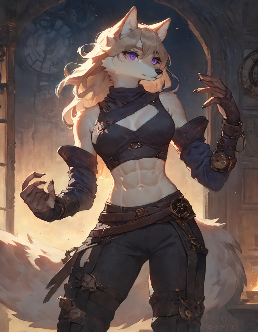 (solo), female anthro wolf, solo, masterpiece, best art, detailed hands, detailed eyes, night, anime newest artstyle, medium blond hair, cream body, dark purple eyes, standing, athletic, big body, standing, bedroom, badass, steampunk, midriff, abs, ninja outfit, 