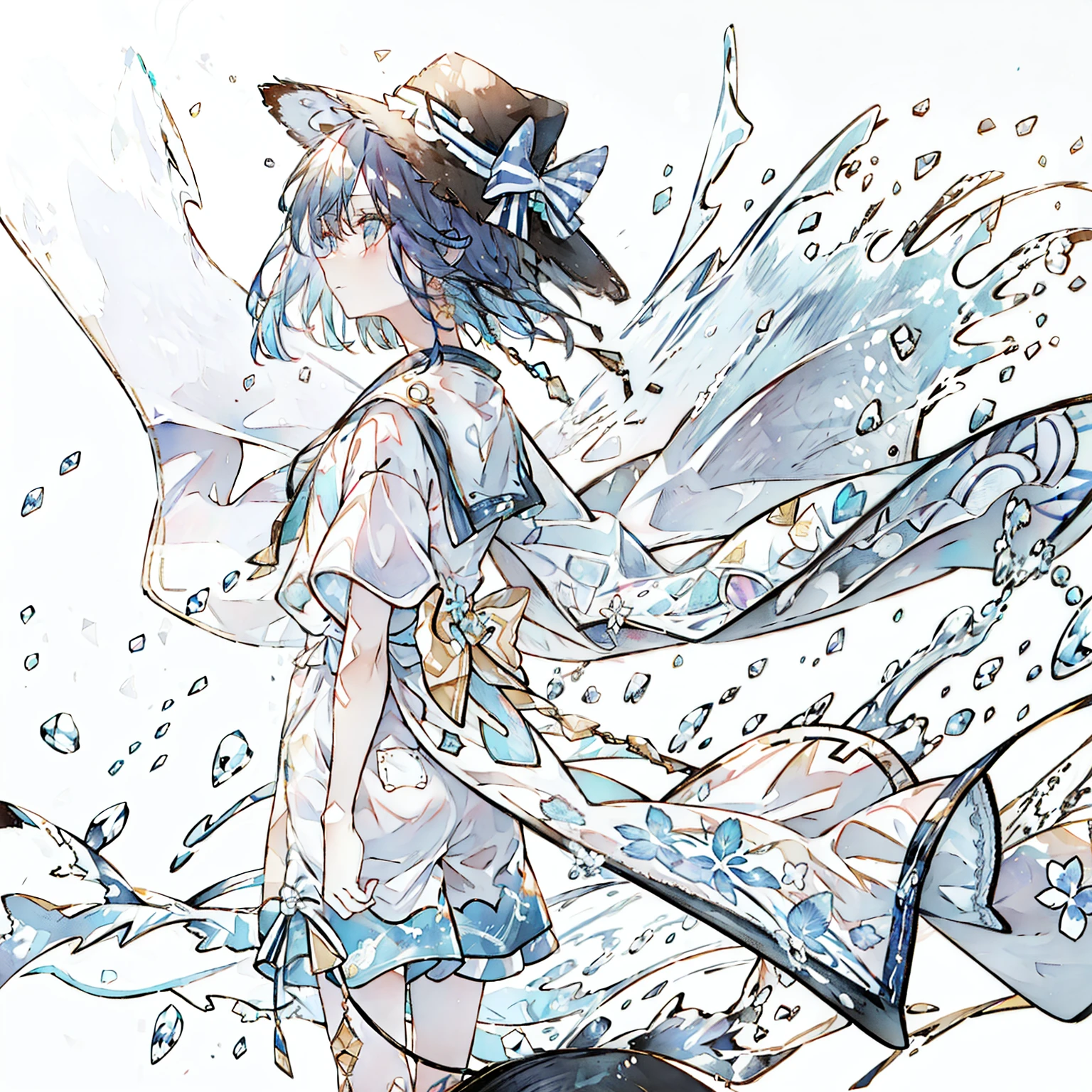 boy、low length、、Indigo Hair、Short sleeve、Boater hat and shorts、Cool color coordination、Glitter eyes、Back view、Seaside、Walking on the sand、Putting your hand on your hat