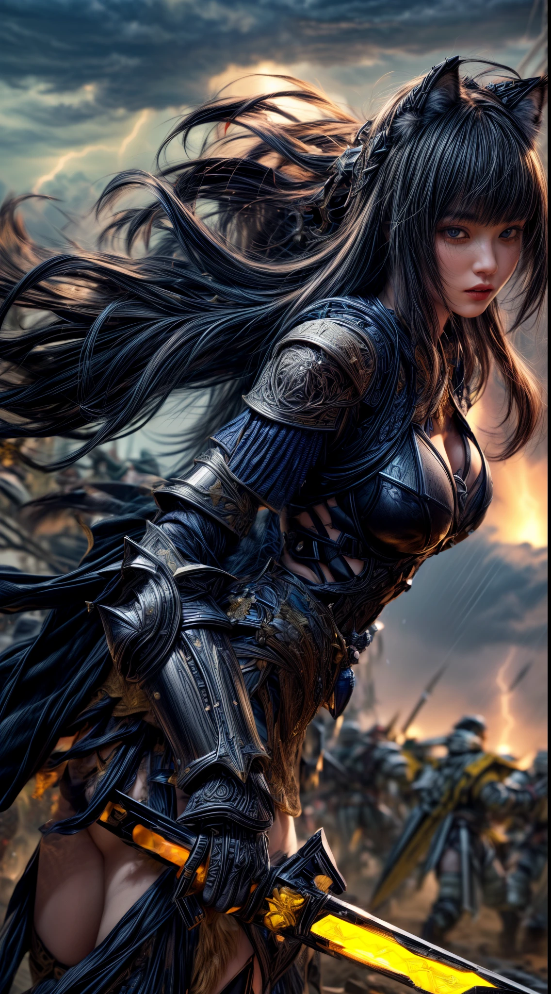 Cowboy Shot、Very beautiful woman、Slender women、(Detailed face)、Realistic Skin、((Lightning Knight)), (Ebon Armor)、((((Jet black armor with extremely intricate and detailed decorations.:1.5))))、((Delicate photo)),(Girl Astepeace RAW Photo Details:1.25), (highest quality:1.6), (超A high resolution:1.5), (Realistic:1.75), 8K resolution, Canon EOS R5, 50mm, Absurd, Ultra-detailed,Cinema Lighting,Battlefields of Medieval Europe、((battle))、RPG World、Final Fantasy、(((Embellished skirt)))、Thigh-high socks、Shin Guards、night、((Long hair with bangs,))、(Six-pack)、Torn Cloak、Beautiful Armor、(((Giant Sword)))、In combat、The wind is blowing、((Asymmetrical Armor:1.5))、(((thunderstorm)))、((Knight Commander))、(((Leading a large group of black knights)))、Banner、Wolf-inspired armor:1.5、(((Battle Scene)))、(((Dark Wolf)))