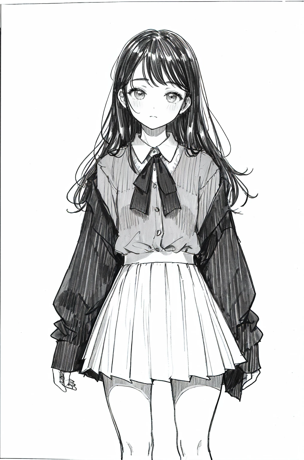 One Girl,Line art,Monochrome,sketch,Pencil drawing,Traditional Media,One Girl,skirt,Are standing, (Cute age Girl, alone),Beautiful portrait、Delicate body、Respect、sketchブック、uniform、Black Hair