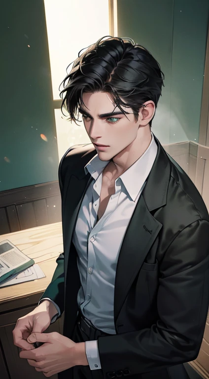(best quality, masterpiece, 8K, photorealistic, cinematic lighting, 1:4 hdr image, top view, ultra detailed, beautiful image), a mature man, very handsome, short black hair, green eyes, perfect face without errors , ((buttoning his jacket, CEO))