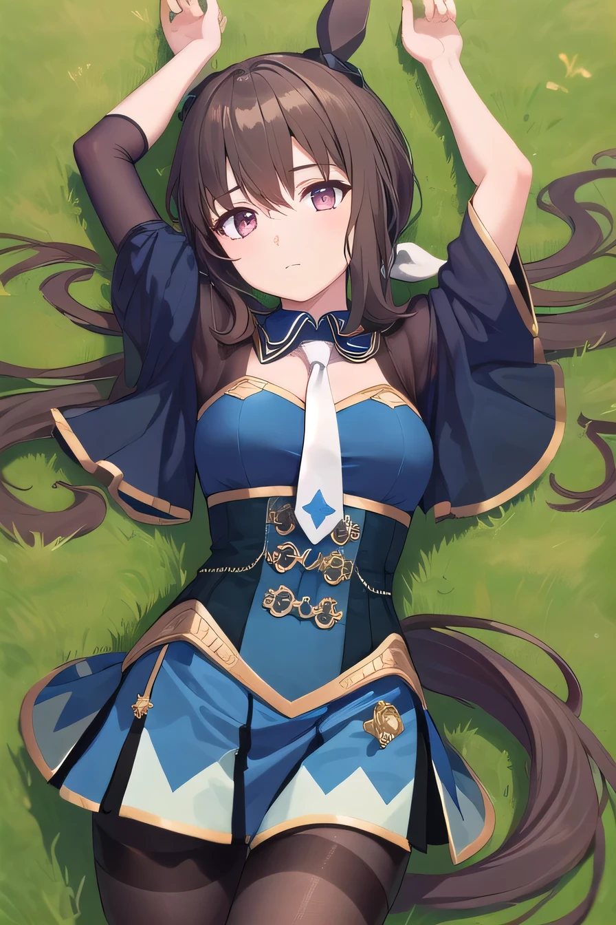 (masterpiece, best quality:1.2), solo, 1girl, admirevega, looking at viewer, closed mouth, on back, on grass, arms up, expressionless, (cowboy shot:1.5), lying, best quality, ponytail, horse ears, ear covers, blue dress, necktie, pantyhose, horse tail 