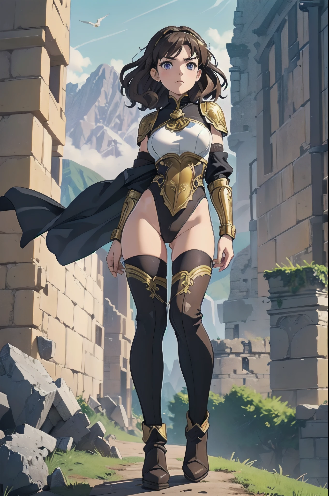 masterpiece, best quality, solo focus, 1girl, 22 years old, brown hair, (wavy hair, short hair), gold headband, purple eyes, beautiful detailed eyes, (gold medieval armor), (eagle (symbol) on chest), gauntlets, (leotard, black leotard, matching leotard, bare legs), (thighhigh leggings, boots, matching boots), standing, legs straight, perfect hands, (using broad sword), mountain base backdrop, (ruined castle, ruins), solo, (perfect anatomy), (full body shot), cowboy shot.