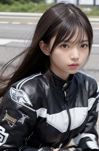 best quality, detailed, beautiful, insanely detailed, absurdres,perfect anatomy, Two racer replica motorcycles speeding down the highway, (motion blur:1.2), Japanese female,black hair,27 years old, (slender), (small breasts),(super fucking beautiful),