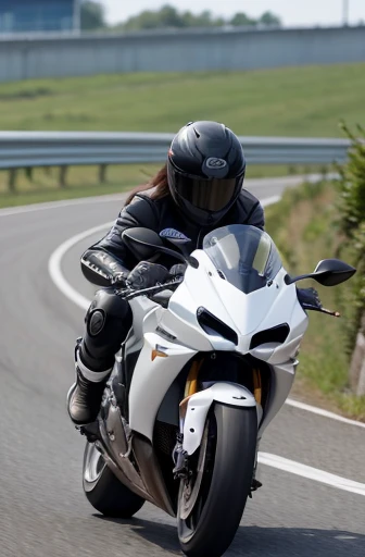 best quality, detailed, beautiful, insanely detailed, absurdres,perfect anatomy, Two racer replica motorcycles speeding down the highway, (motion blur:1.2), Japanese female,black hair,27 years old, (slender), (small breasts),(super fucking beautiful),