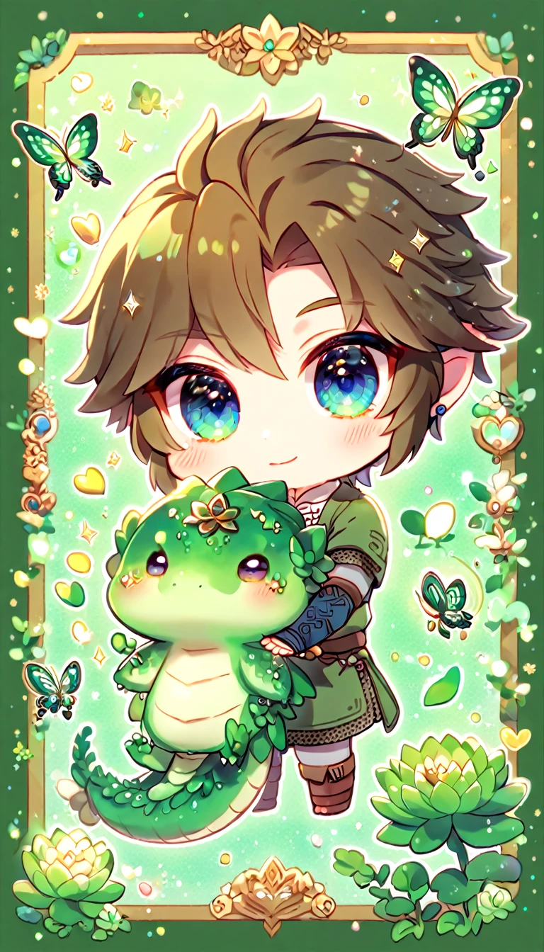 Ultra detailed, HDR, Highres, absurdres, master piece, Link chibi, brown hair, expressive blue eyes, green clothes, The Legend Of Zelda (twilight Princess), emerald glittering butterflies, petals, emerald green lotus, cute, magical, man, extremely detailed face and eyes, glittering, fantasy, hugging a emerald green dragon, love, green emerald background, perfect face, best quality, happy