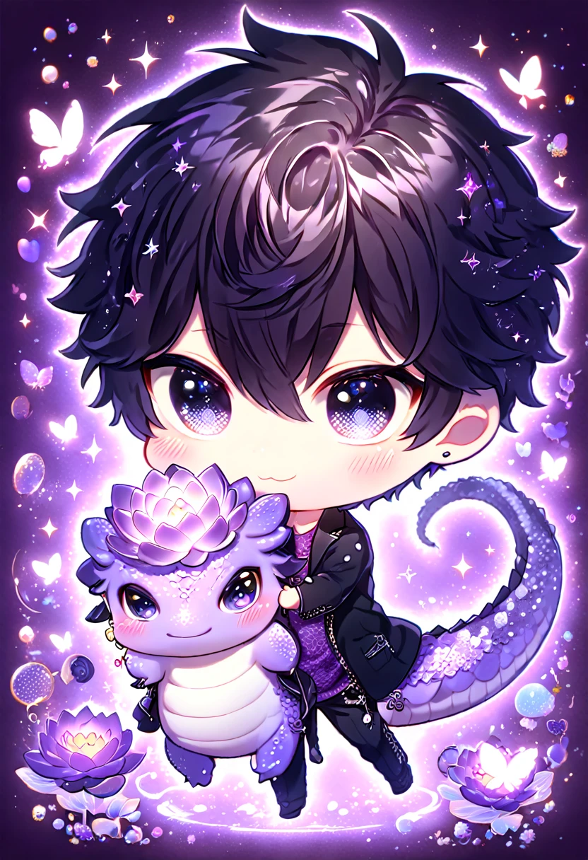 absurdres, highres, ultra detailed, HDR, master piece, best quality, Hibari Kyoya chibi, black hair, expressive gray eyes, katekyo hitman reborn!, cute, hugging a purple dragon, black jacket, purple shirt, patterns, magical, fantasy, purple background, purple lotus, shining, purple petals, purple sparkling butterflies, purple water