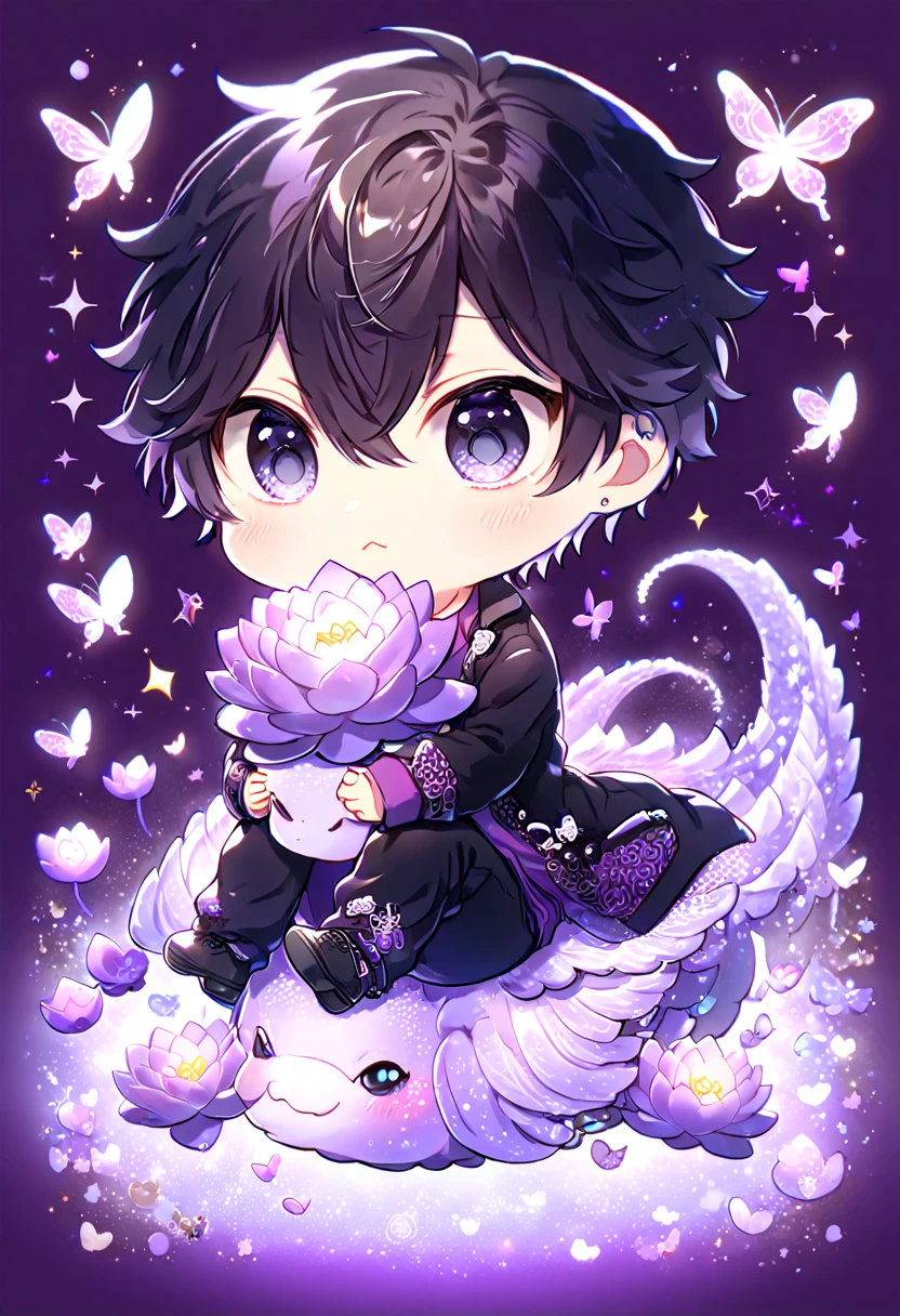 absurdres, highres, ultra detailed, HDR, master piece, best quality, Hibari Kyoya chibi, black hair, expressive gray eyes, katekyo hitman reborn!, cute, hugging a purple dragon, black jacket, purple shirt, patterns, magical, fantasy, purple background, purple lotus, shining, purple petals, purple sparkling butterflies, purple water