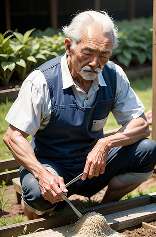 Macho elderly couple doing extreme rice planting
