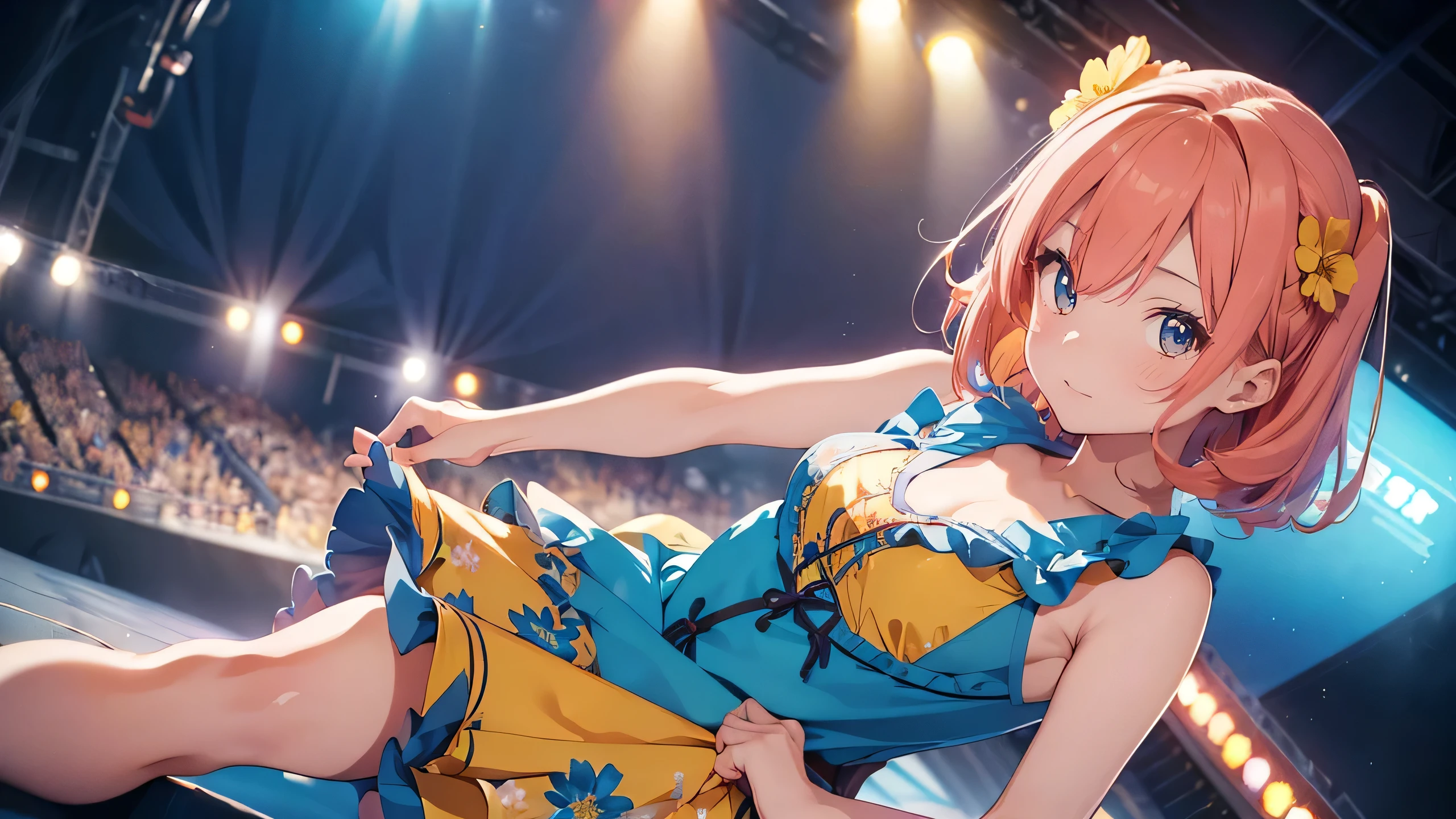 (Best image quality, 4K, high quality, masterpiece:1.2), ((masterpiece)), High detail, high quality, (High resolution,16k, RAW Beautiful Girl Portrait, Best image quality, masterpiece:1.2), (Ultra high definition illustration), Browsing Caution, Show your armpits, Idol Master, Idol Costumes, On stage at a live concert, , Spotlight,Generate images of anime idols with pink straight bob hair。Make your eyes a deep blue。, very cute, No sleeve, Removable sleeves, (orange & A gorgeous yellow ruffled dress with lots of floral stitching.:1.3), Don&#39;t use black on your dress, tiara, pantyhose,smile