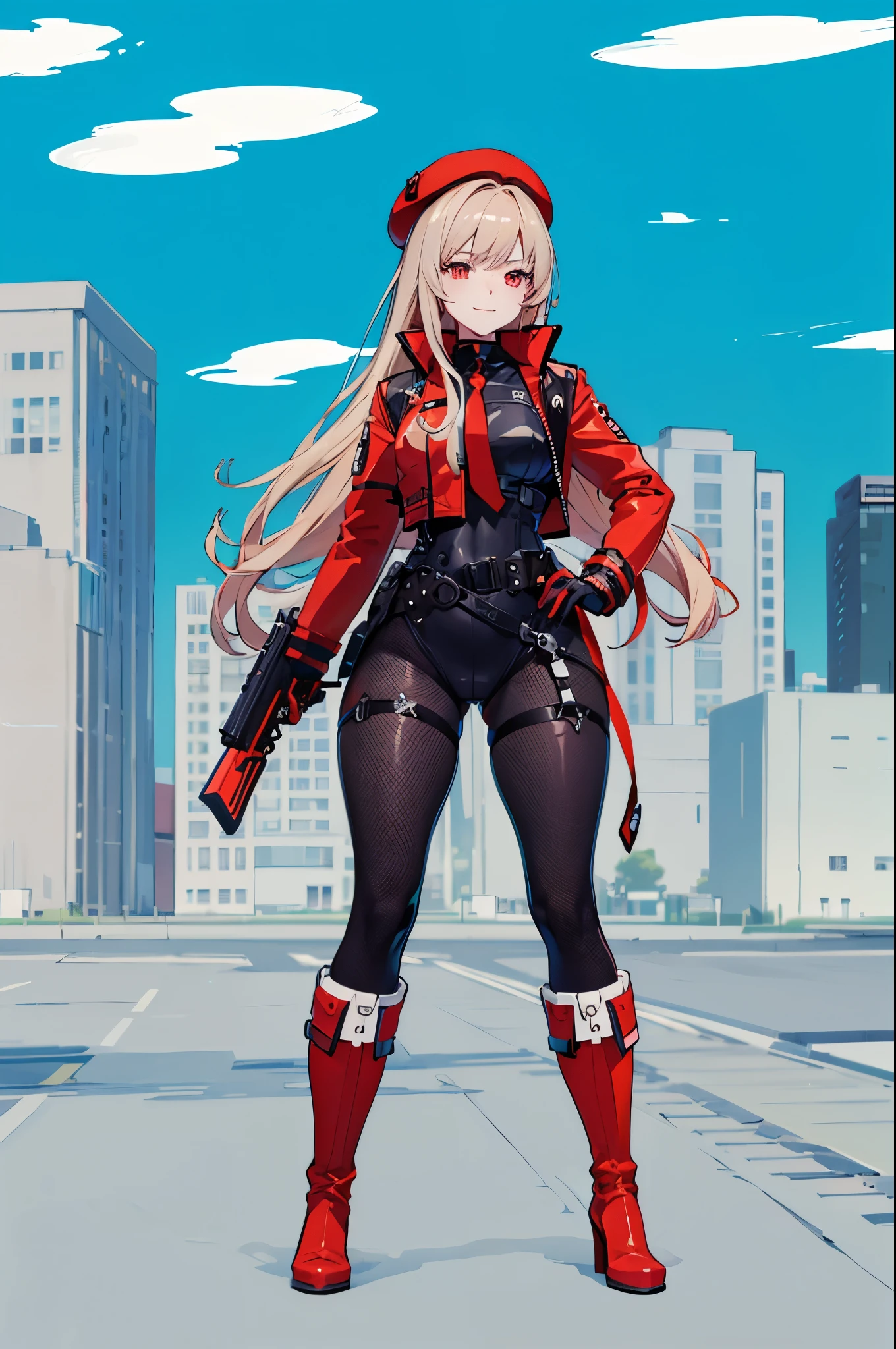 (Good anatomy, best quality, anime style, 4k) Rapi (Nikke), long hair, looking you, little smile, black and red beret, black bodysuit, red jacket, red belt, black legwears, red platform boots, grabbing a gun, city behind, day colorful