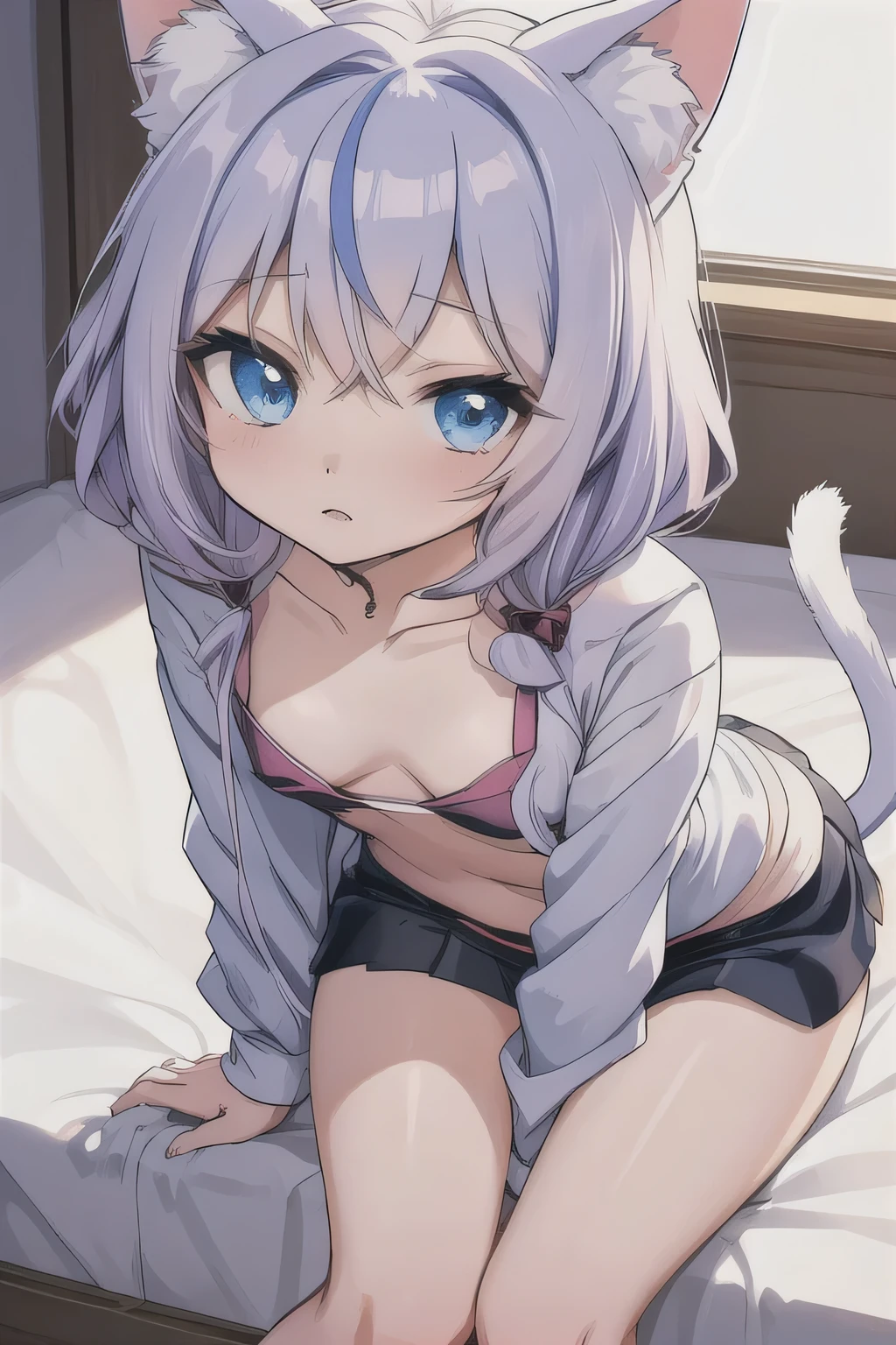 Anime girl with blue eyes and cat ears sitting on the bed, cute Anime catgirl, Attractive anime girl, Anime catgirl, Cute girl anime visual, beautiful Anime catgirl, Cute anime girl, Animated visual of cute cats, Anime cute art style, Ye Zisan, very beautiful Anime cat girl, Anime cat, Charming anime girl