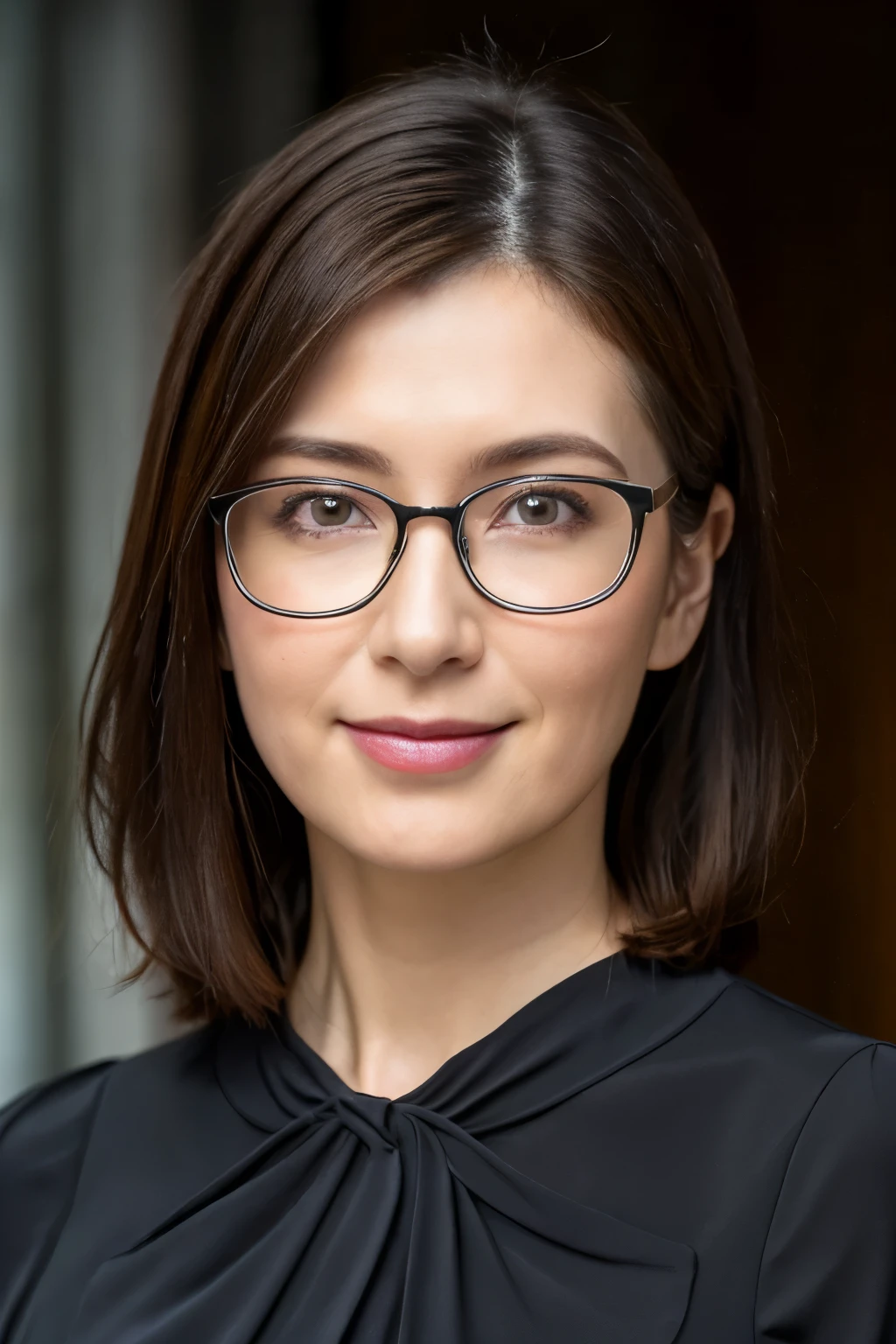 8k, highest quality, masterpiece, Realistic, Realistic, Super detailed, Natural light, Shapely breasts, Her cleavage is visible, 1 person, 35-year-old woman, Black Hair, (Straight Hair), (Bob Hair), Silver-rimmed glasses, ((Look at the viewers)), Loose V-neck shirt, Highly detailed face and skin, Fine grain, Highly detailed face and skin
