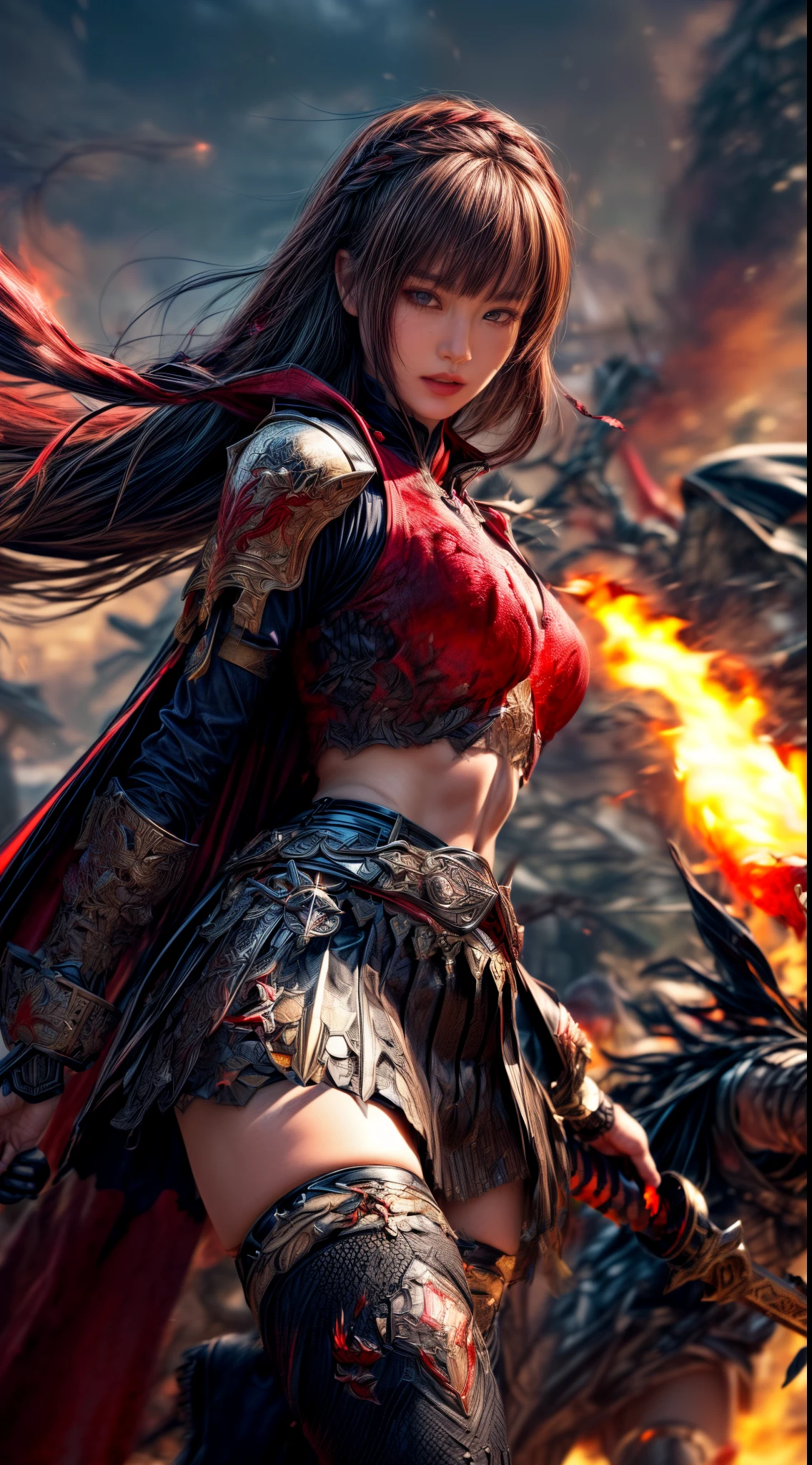 Very beautiful woman、Slender women、(Detailed face)、Realistic Skin、((Knight of Fire)), (((Crimson armor:1.25)))、((((非常に繊細で繊細な装飾が施されたCrimson armor:1.5))))、((Delicate photo))，(Girl Astepeace RAW Photo Details:1.25), (highest quality:1.6), (超A high resolution:1.5), (Realistic:1.75), 8K resolution, Canon EOS R5, 50mm, Absurd, Ultra-detailed,Cinema Lighting,Battlefields of Medieval Europe、((battle))、RPG World、Final Fantasy、(((Embellished skirt)))、Thigh-high socks、Shin Guards、night、((too long bangs))、((One long thick dark red hair braid))、(Six-pack)、Torn Cloak、Beautiful Armor、(((Giant Sword)))、In combat、The wind is blowing、(((Inferno filling the entire area)))、(((Leading a large group of red knights)))、(((Knight Commander)))、(Armor with a Phoenix motif)、(((Fire blaze)))、(((Intense action scenes)))、(((Crimson Phoenix)))