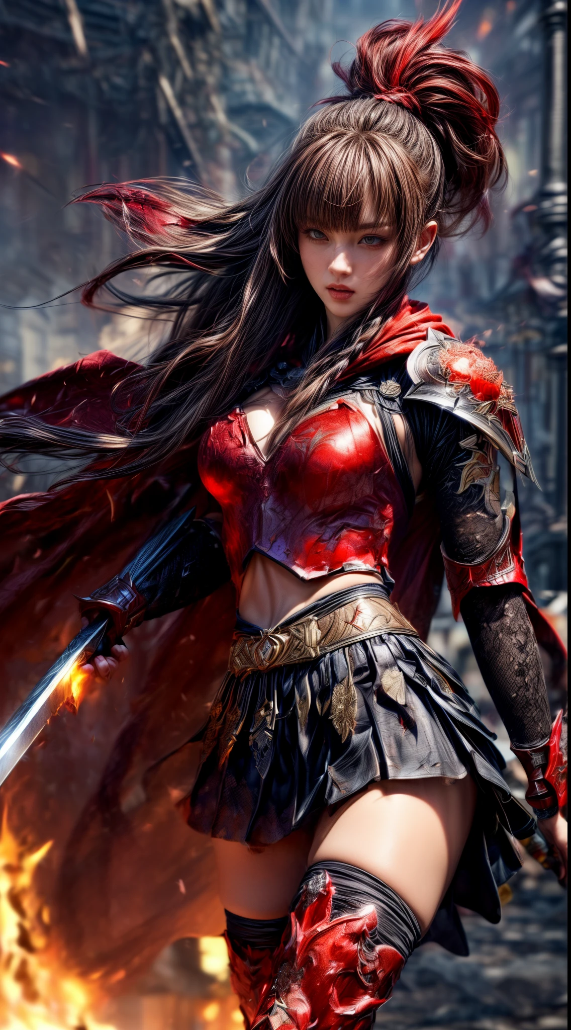 Very beautiful woman、Slender women、(Detailed face)、Realistic Skin、((Knight of Fire)), (((Red Armor:1.25)))、((((A black armor with extremely detailed and intricate decoration.))))、((Delicate photo)),(Girl Astepeace RAW Photo Details:1.25), (Highest quality:1.6), (Ultra-high resolution:1.5), (Realistic:1.75), 8K resolution, Canon EOS R5, 50mm, Absurd, Super detailed,Cinema Lighting,Battlefields of Medieval Europe、((Fight))、RPG World、Final Fantasy、(((Decorative skirt)))、Thigh-high socks、Shingard、night、Pink Hair、((Bangs are too long))、((Long, thick pink braids))、Get a six pack、Torn Cloak、Beautiful Armor、(((Giant Sword)))、In combat、The wind is blowing、(((Flames covering the area)))、(((Leading a large group of red knights)))、(((Knight Commander)))、Armor with a phoenix motif、((flames of fire))、(((Battle Scenes)))、((Browsing Caution:1.2))、(((I can see her panties:1.4)))、、((Skirt lift in the wind))