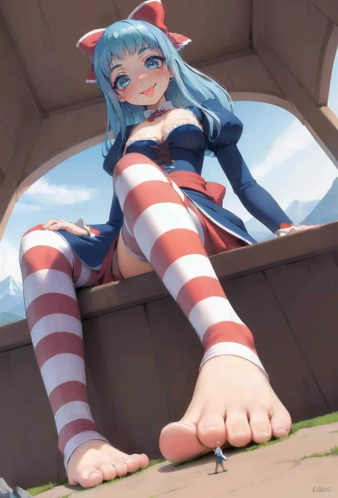 (mountains and hills in front of closeup foot of a giantess: 1.5), closeup breasts and face, (perfectly round breasts) cleavage, (psgstocking, hair bow, dress, long sleeves, juliet sleeves, striped thighhighs: 1.1), (medieval fantasy: 1.1), nipples, (foot), (barefoot: 1.1), sitting, (tiny army from sky view: 1.1), (tiny army from sky view in front of closeup foot of a giantess: 1.1), (foot focus: 1.6), (closeup foot: 1.6), (anorexic and skinny: 1.2), (stepping on something, foot step foot stomp : 1.3), navel, (thin waist: 1.2), (very cute young short adult girl: 1.2), (below view: 1.2), (very low angle view: 1.3), naked, (nipples: 1.2), nude