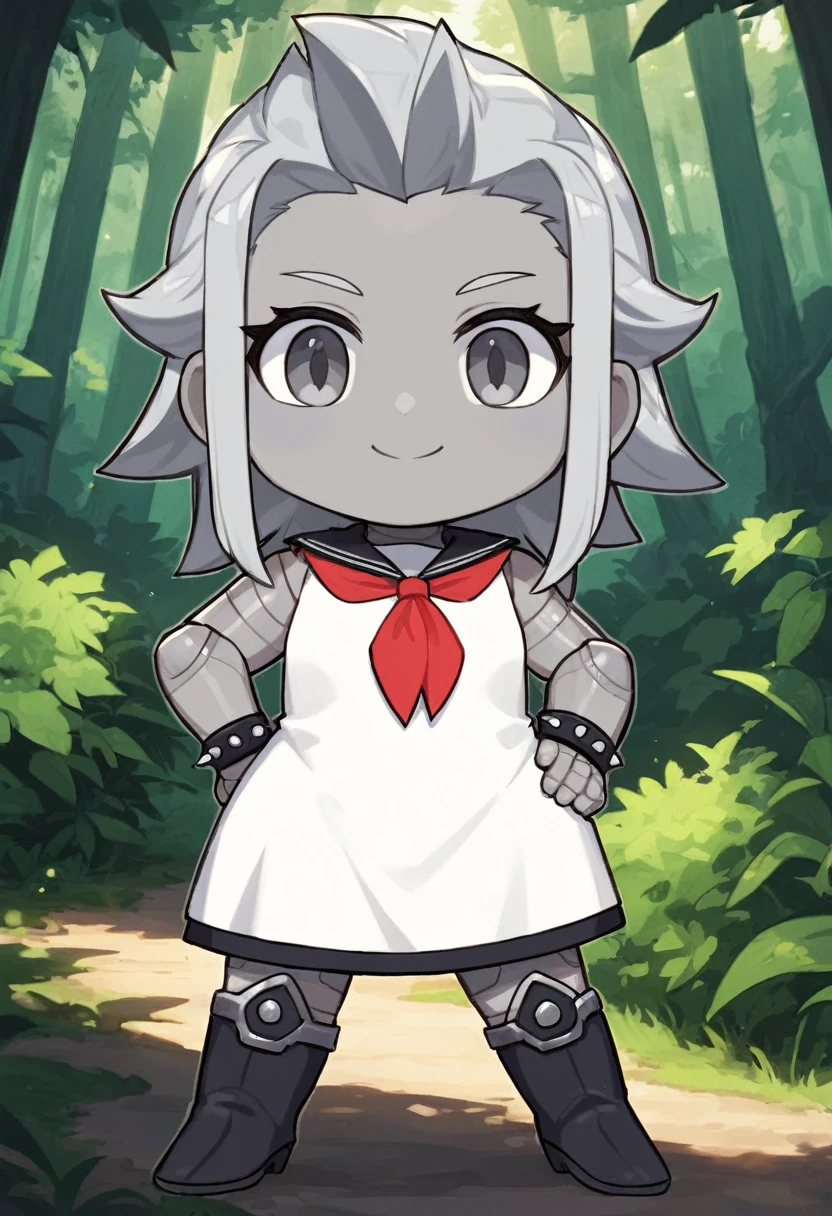 score_9, score_8_up, source_anime, masterpiece, best quality, absurdres, BREAK 1girl, chibi, grey metallic skin, grey long spiked metallic hair, grey eyes, hand on hip, forest, BREAK white dress, black boots, black wristband, red neckerchief, smile