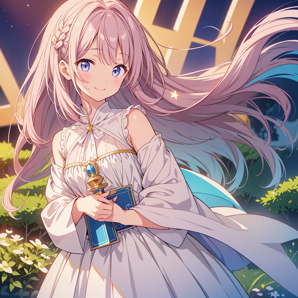 1girl、Star Fairy、Face close-up、depth of field、highest quality、Masterpiece、Official Art、Award-winning works、Super detailed、Handsome face、Short bangs above eyebrowilky white straight long hair、Super detailedな青い目、Standing in front of the viewer、smile、Cowboy Shot、