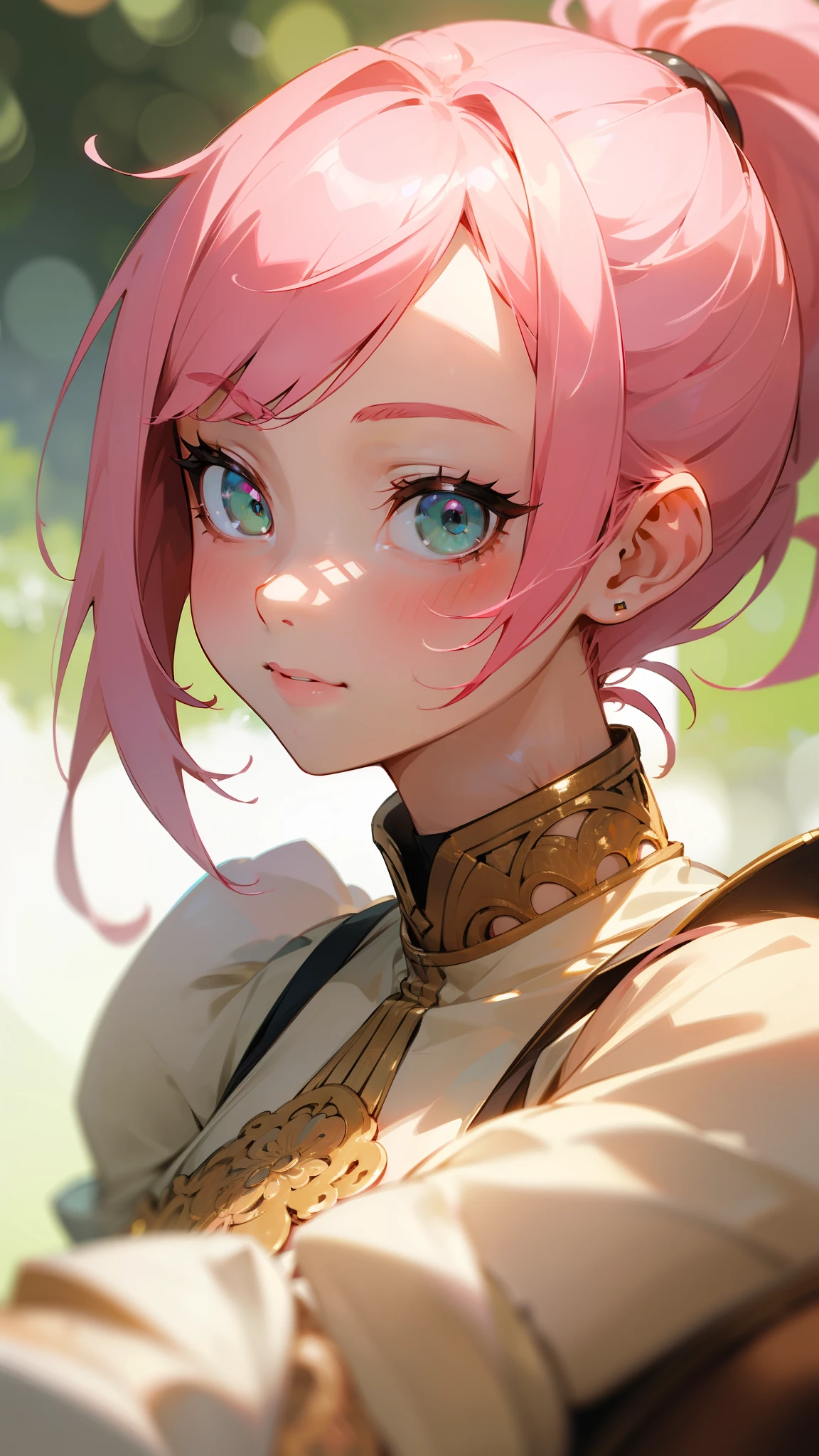 (masterpiece, highest quality)、Intricate details、8k、Sharp focus、(Bokeh) (highest quality) (Detailed skin:1.3) (Intricate details) (8k) (Fine grain) (anime)、Pink Hair、Ponytail、bangs、Pink Hair、Green Eyes、Beautiful Eyes、Upper body close-up、Side body、smile