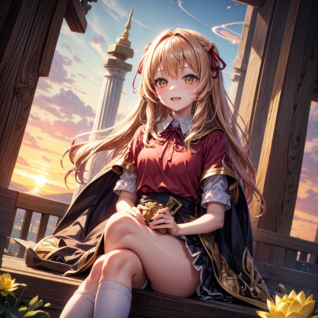 Pink gold golden hair、Golden Eyes、One good looking girl、solo、anime、Checkered mini skirt、Ruffles on the skirt、Red T-shirt、Cape、Gothic、Black knee-high socks、Wearing a ribbon、Ribbon on waist、Tilting face、Teeth are visible、Sunset sky、Piercing the clouds、Contrail、tree、Touching your face、lotus leaves、Cumulonimbus、Pillar of Light、Magic wand、Sitting on a golden treasure chest