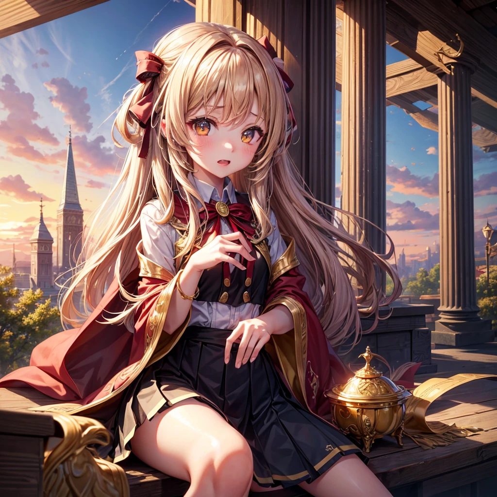 Pink gold golden hair、Golden Eyes、One good looking girl、solo、anime、Checkered mini skirt、Ruffles on the skirt、Red T-shirt、Cape、Gothic、Black knee-high socks、Wearing a ribbon、Ribbon on waist、Tilting face、Teeth are visible、Sunset sky、Piercing the clouds、Contrail、tree、Touching your face、lotus leaves、Cumulonimbus、Pillar of Light、Magic wand、Sitting on a golden treasure chest
