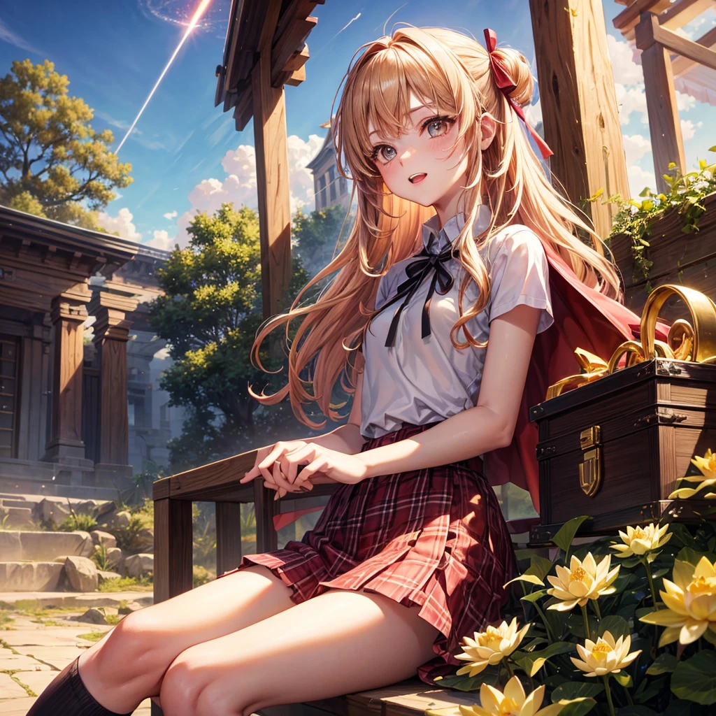 Pink gold golden hair、Golden Eyes、One good looking girl、solo、anime、Checkered mini skirt、Ruffles on the skirt、Red T-shirt、Cape、Gothic、Black knee-high socks、Wearing a ribbon、Ribbon on waist、Tilting face、Teeth are visible、Sunset sky、Piercing the clouds、Contrail、tree、Touching your face、lotus leaves、Cumulonimbus、Pillar of Light、Magic wand、Sitting on a golden treasure chest
